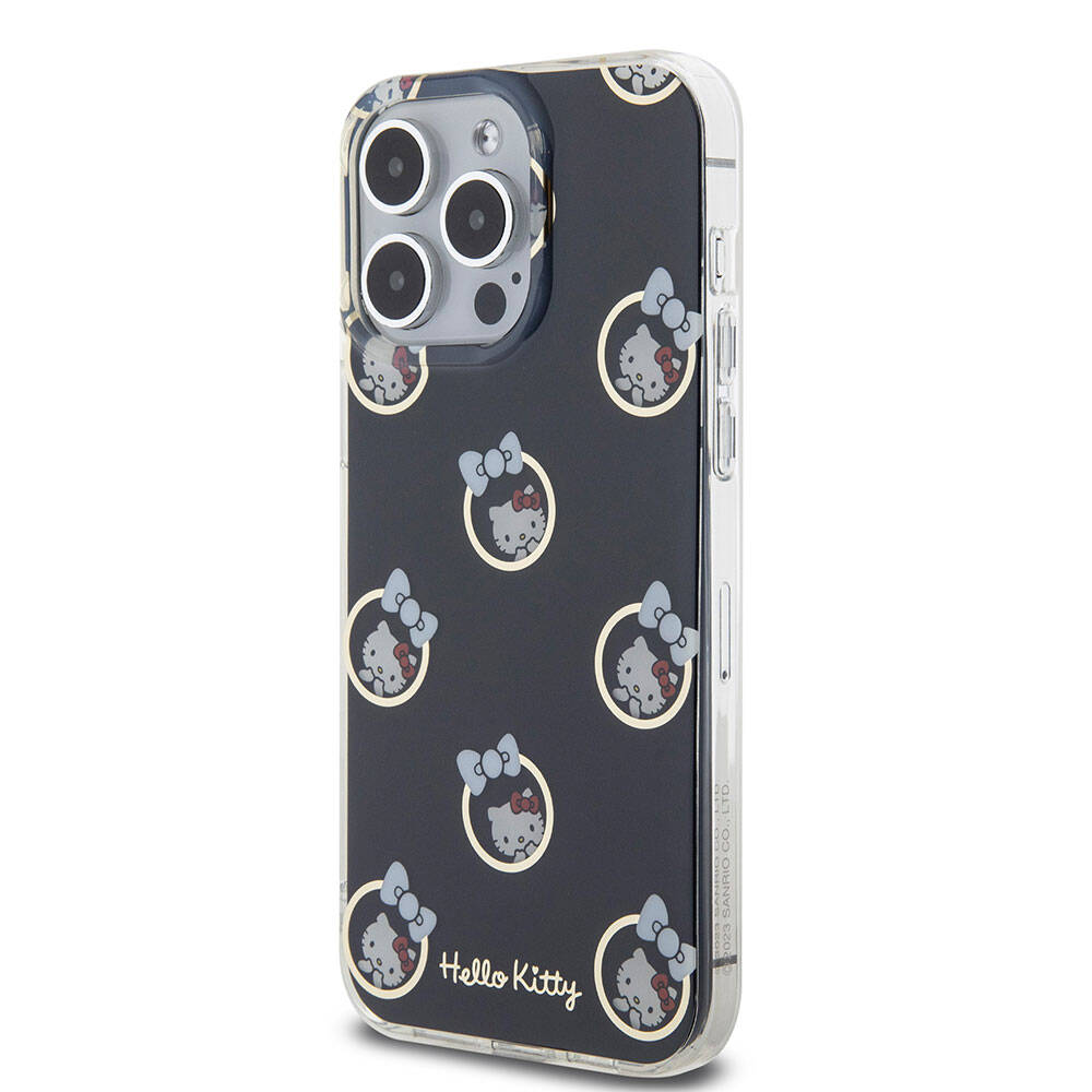 iPhone 15 Pro Max Kılıf Hello Kitty Orjinal Lisanslı Elektroplating Kaplama Kabarcık Baskılı Kılıf Siyah