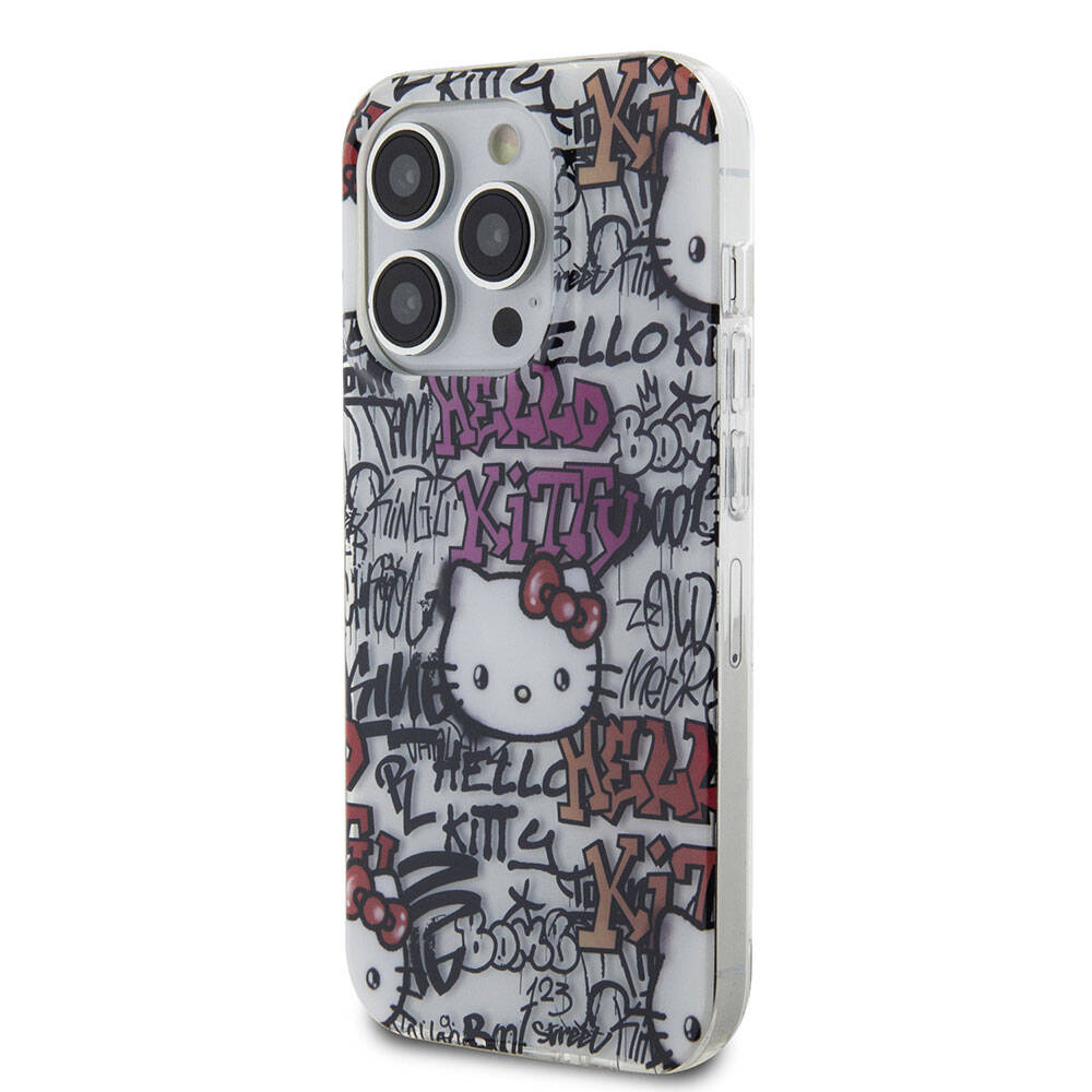 iPhone 15 Pro Max Kılıf Hello Kitty Orjinal Lisanslı İkonik Logolu Etiket Graffiti Kılıf Beyaz
