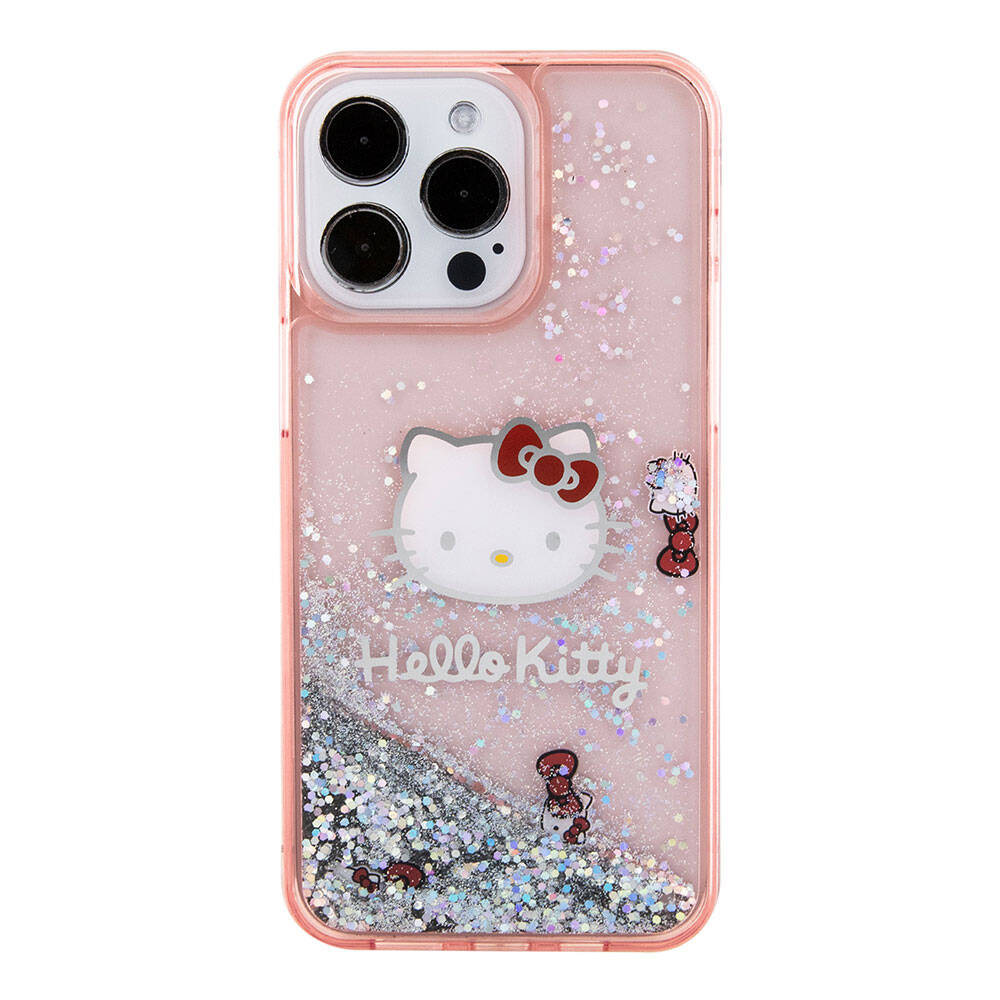 iPhone 15 Pro Max Kılıf Hello Kitty Orjinal Lisanslı İkonik Sıvılı Glitter Kılıf Pembe