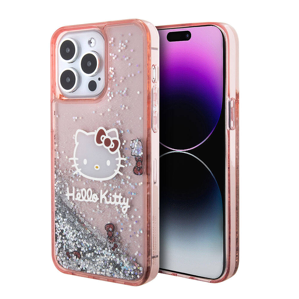iPhone 15 Pro Max Kılıf Hello Kitty Orjinal Lisanslı İkonik Sıvılı Glitter Kılıf Pembe