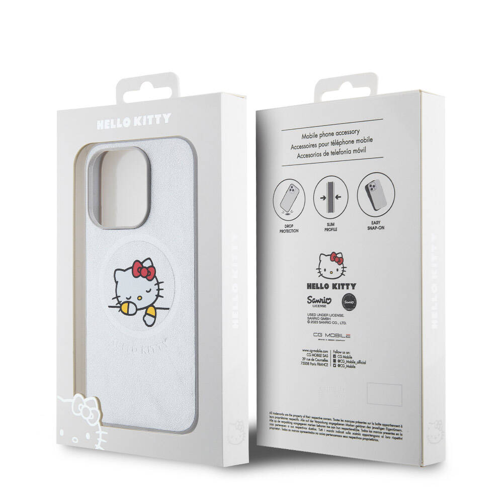 iPhone 15 Pro Max Kılıf Hello Kitty Orjinal Lisanslı Magsafe Şarj Özellikli Baskı Logolu Uyuyan Kitty Deri Kılıf Pembe