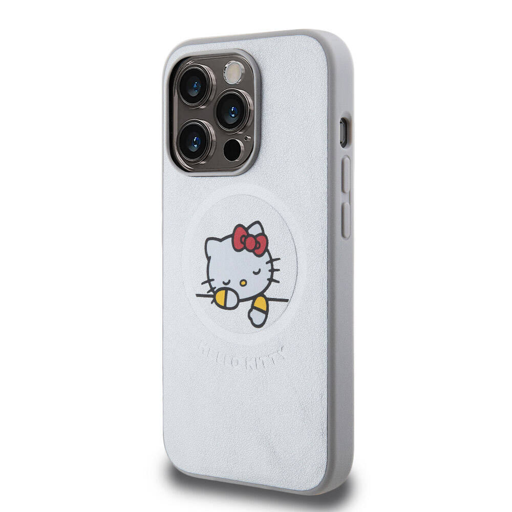 iPhone 15 Pro Max Kılıf Hello Kitty Orjinal Lisanslı Magsafe Şarj Özellikli Baskı Logolu Uyuyan Kitty Deri Kılıf Gümüş