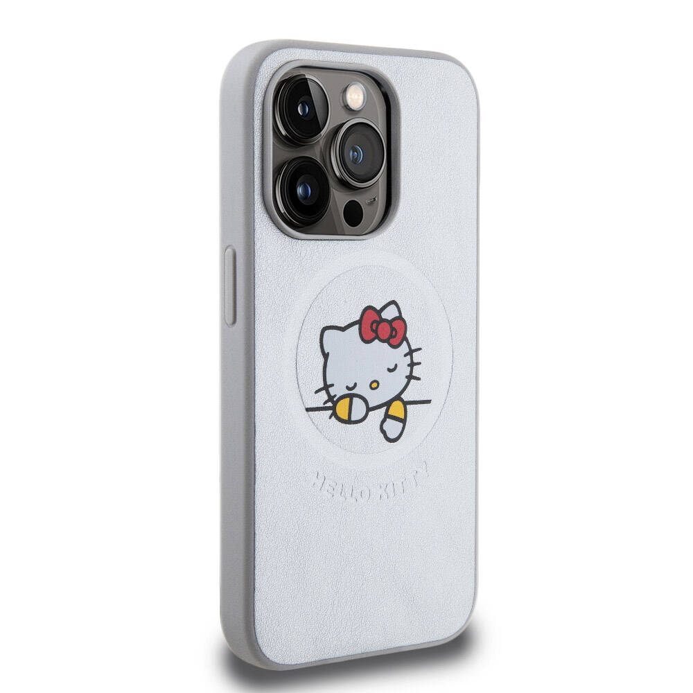 iPhone 15 Pro Max Kılıf Hello Kitty Orjinal Lisanslı Magsafe Şarj Özellikli Baskı Logolu Uyuyan Kitty Deri Kılıf Gümüş
