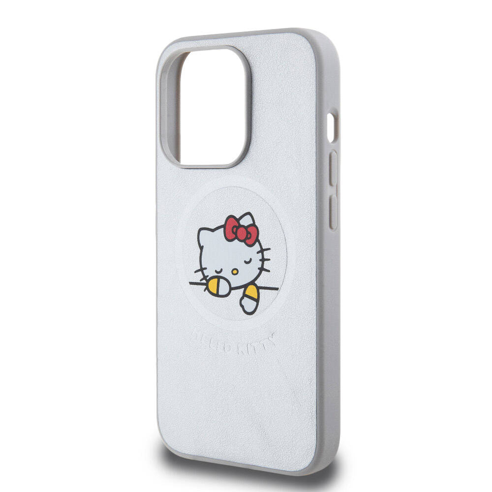 iPhone 15 Pro Max Kılıf Hello Kitty Orjinal Lisanslı Magsafe Şarj Özellikli Baskı Logolu Uyuyan Kitty Deri Kılıf Pembe