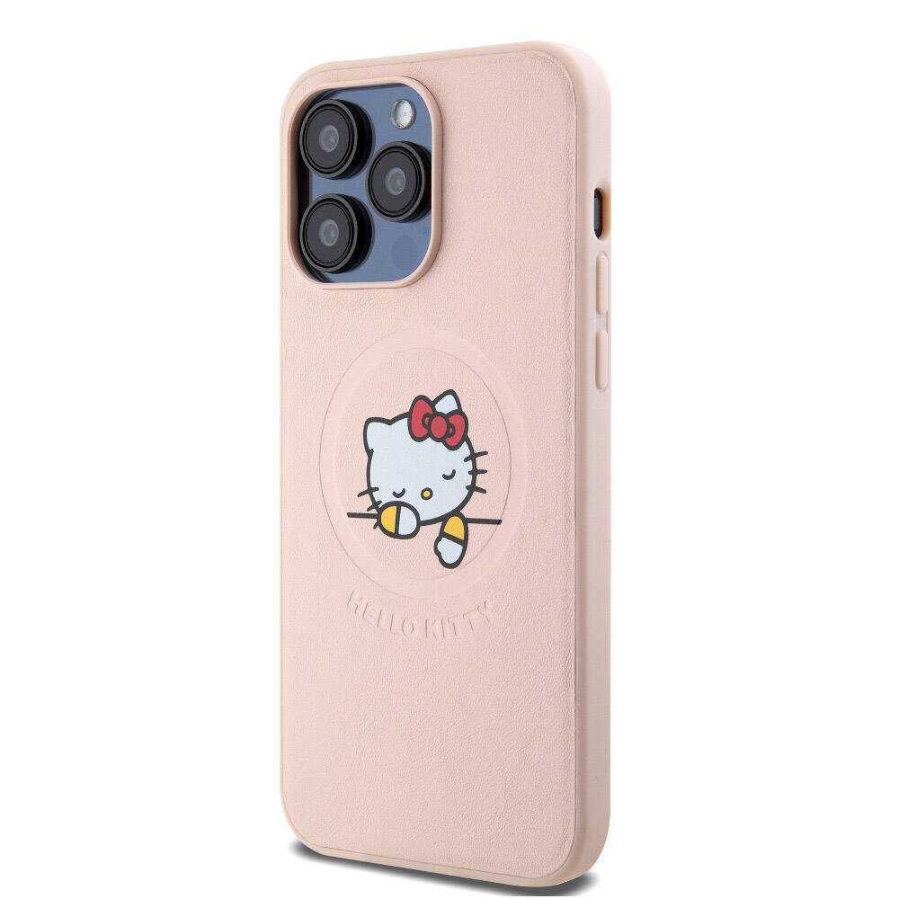 iPhone 15 Pro Max Kılıf Hello Kitty Orjinal Lisanslı Magsafe Şarj Özellikli Baskı Logolu Uyuyan Kitty Deri Kılıf Pembe