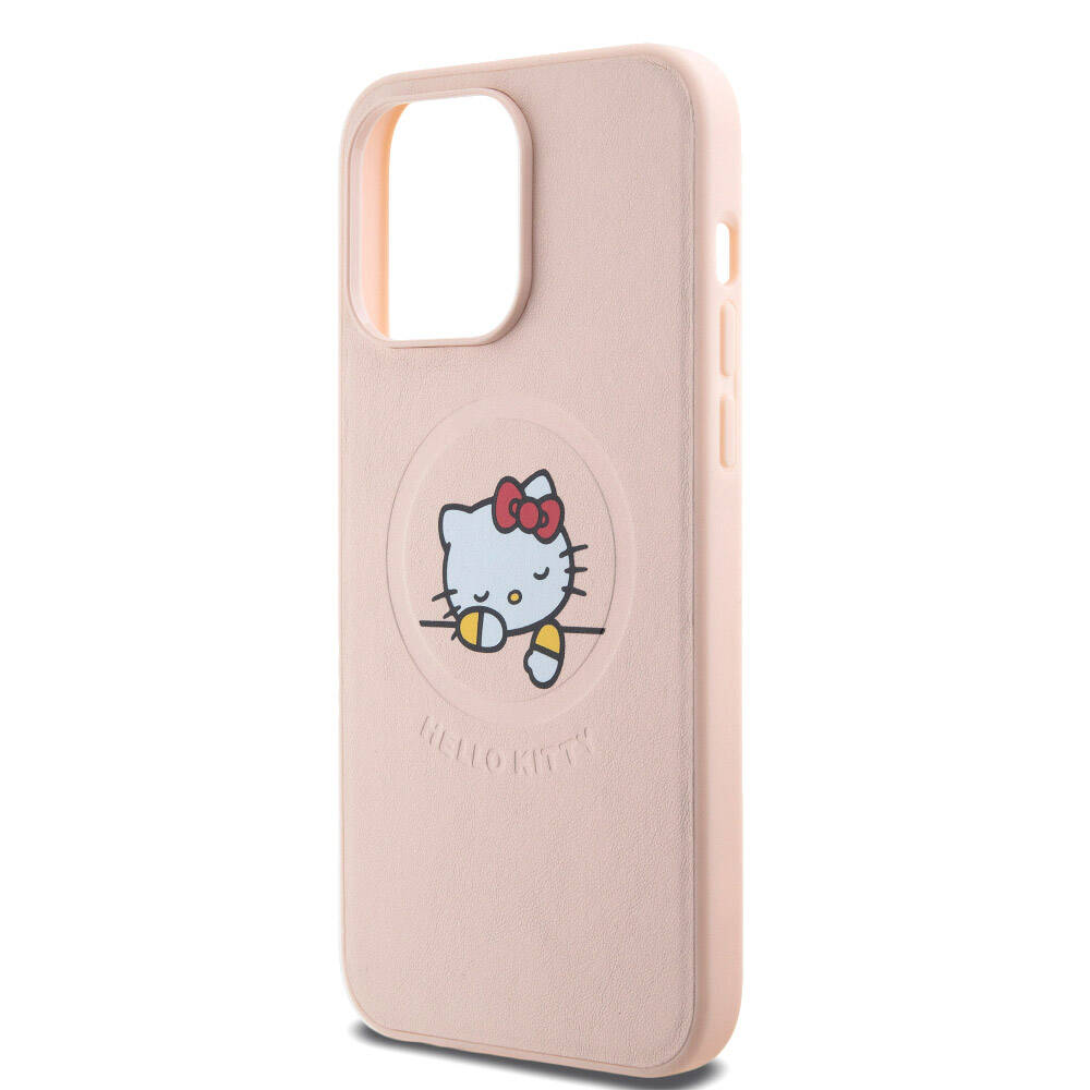 iPhone 15 Pro Max Kılıf Hello Kitty Orjinal Lisanslı Magsafe Şarj Özellikli Baskı Logolu Uyuyan Kitty Deri Kılıf Pembe