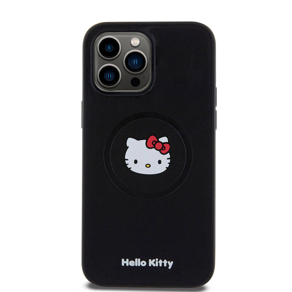 iPhone 15 Pro Max Kılıf Hello Kitty Orjinal Lisanslı Magsafe Şarj Özellikli Kitty Head Deri Kılıf Siyah