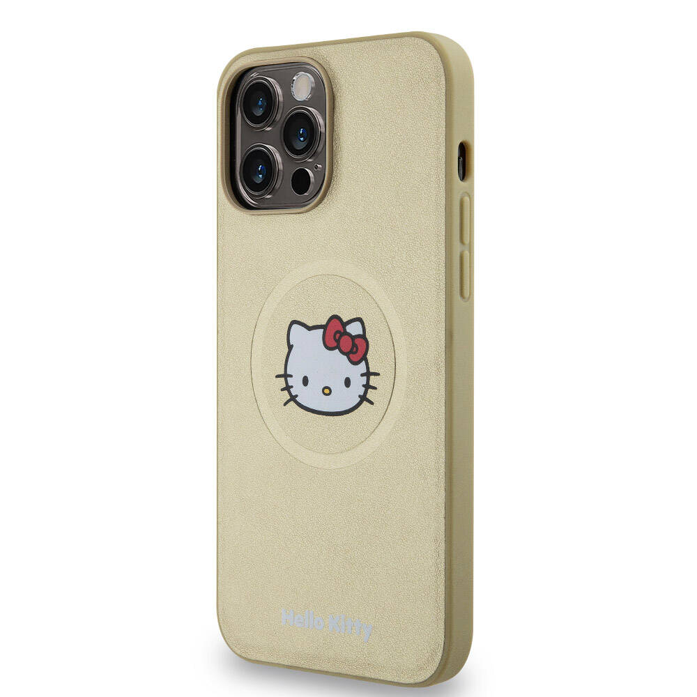 iPhone 15 Pro Max Kılıf Hello Kitty Orjinal Lisanslı Magsafe Şarj Özellikli Kitty Head Deri Kılıf Gold
