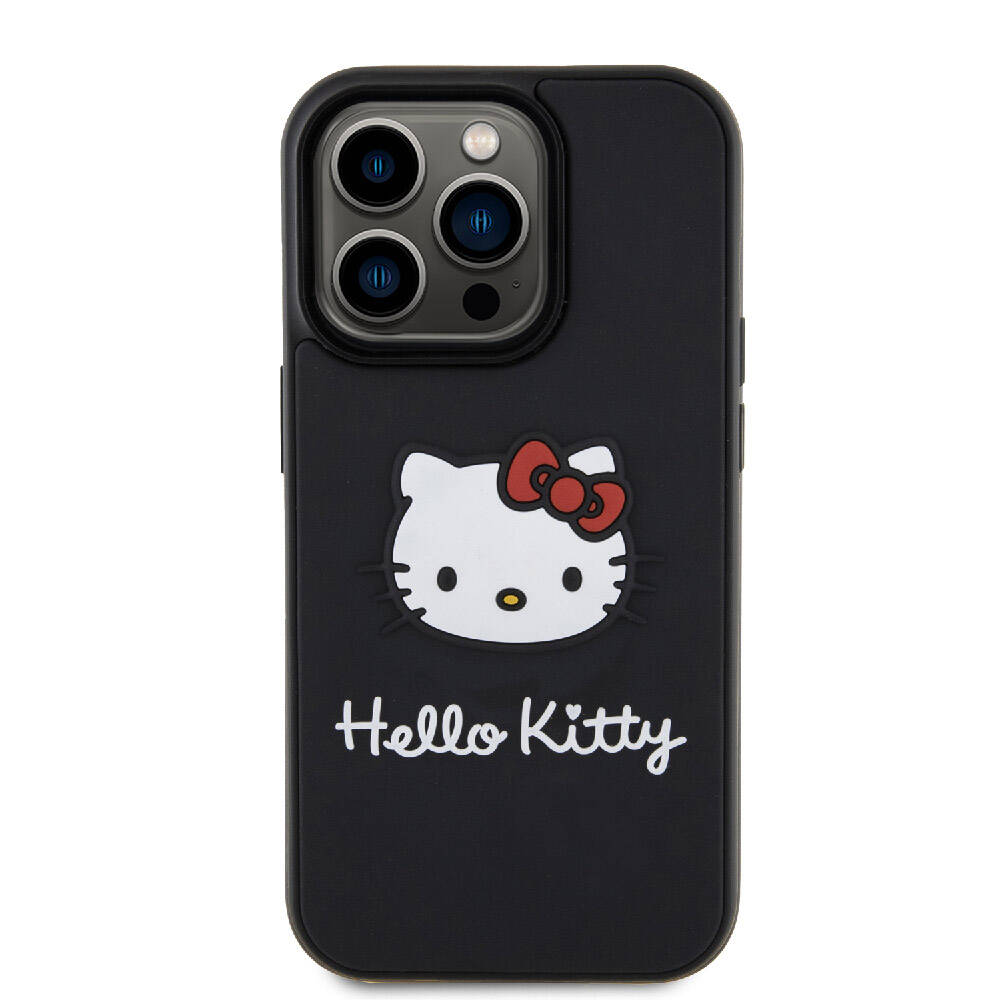 iPhone 15 Pro Max Kılıf Hello Kitty Orjinal Lisanslı Yazı ve İkonik Logolu 3D Rubber Kitty Head Kılıf Siyah