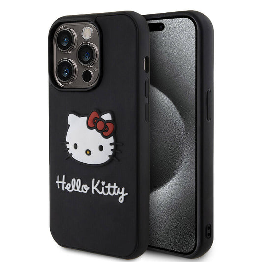 iPhone 15 Pro Max Kılıf Hello Kitty Orjinal Lisanslı Yazı ve İkonik Logolu 3D Rubber Kitty Head Kılıf Siyah