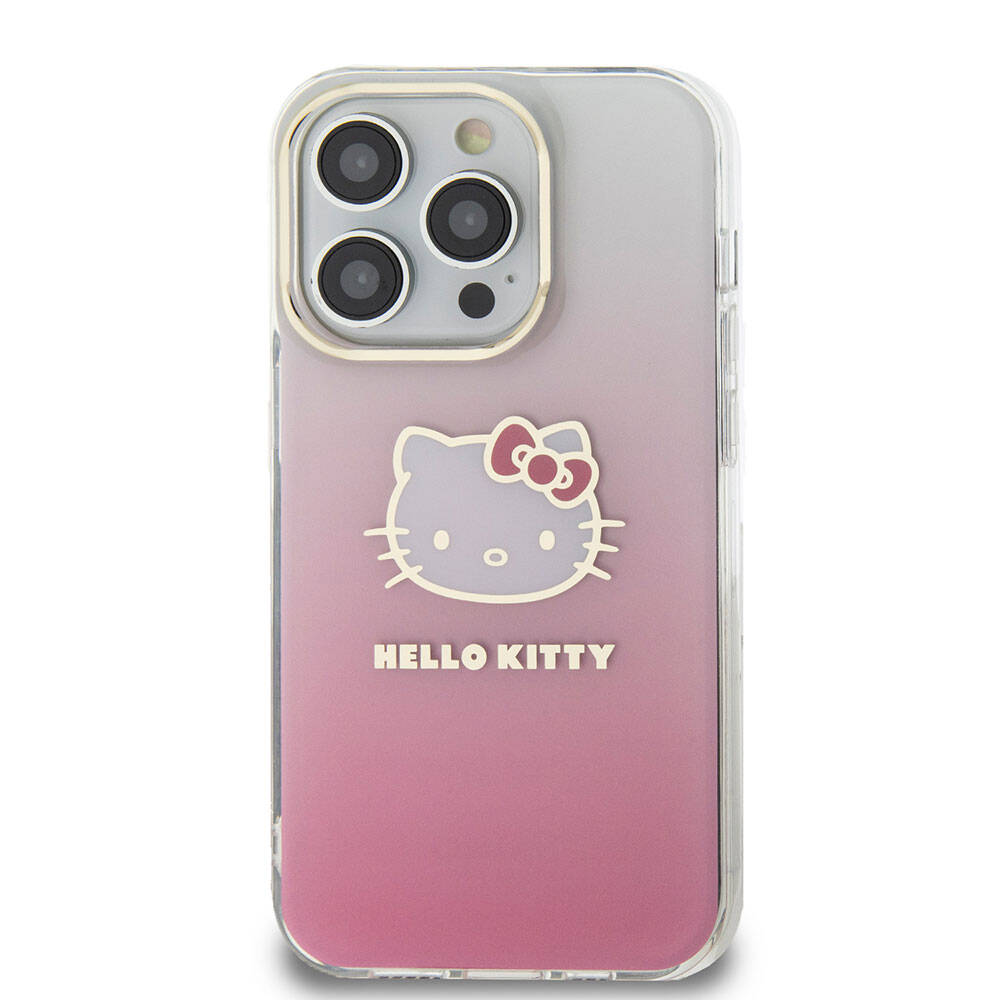 iPhone 15 Pro Max Kılıf Hello Kitty Orjinal Lisanslı Yazı ve İkonik Logolu Elektroplating Kaplama Gradyan Kılıf Mor