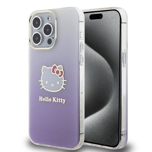 iPhone 15 Pro Max Kılıf Hello Kitty Orjinal Lisanslı Yazı ve İkonik Logolu Elektroplating Kaplama Gradyan Kılıf Pembe