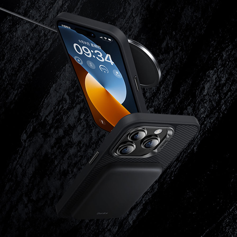 iPhone 15 Pro Max Kılıf Karbon Fiber Magsafe Şarj Özellikli Benks Hybrid ArmorPro 600D Kevlar Kılıf Siyah