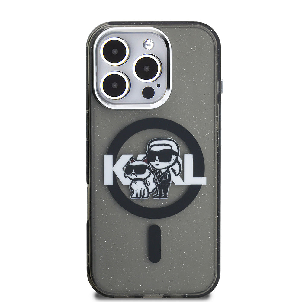 Apple iPhone 15 Pro Max Kılıf Karl Lagerfeld Orjinal Lisanslı Parlayan Simli Karl & Choupette Sketch Logo Kapak Siyah