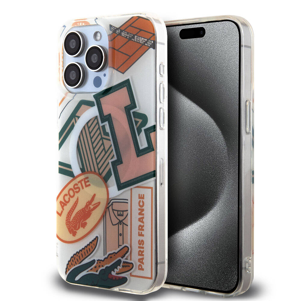 iPhone 15 Pro Max Kılıf Lacoste Orjinal Lisanslı Magsafe Şarj Özellikli Çift Katmanlı Yamalar Desenli Kılıf Turuncu