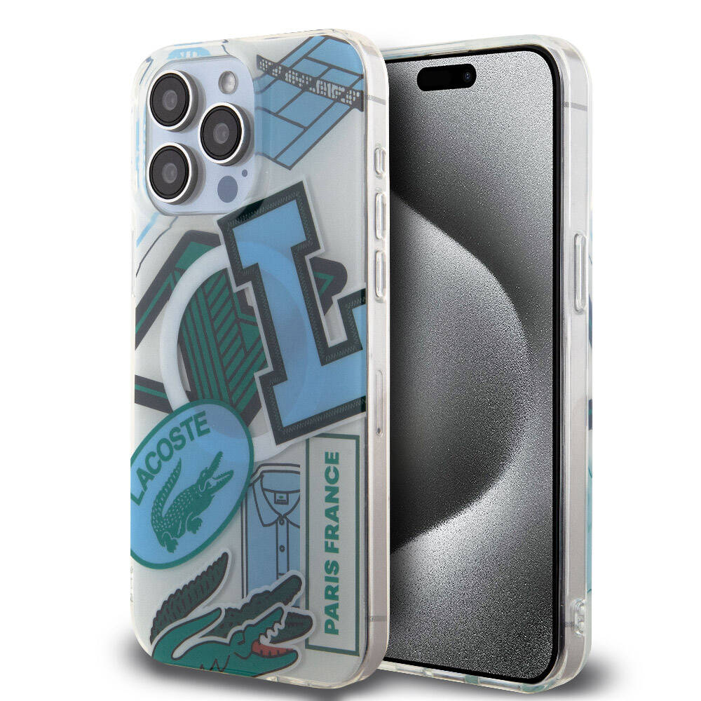 iPhone 15 Pro Max Kılıf Lacoste Orjinal Lisanslı Magsafe Şarj Özellikli Çift Katmanlı Yamalar Desenli Kılıf Mavi
