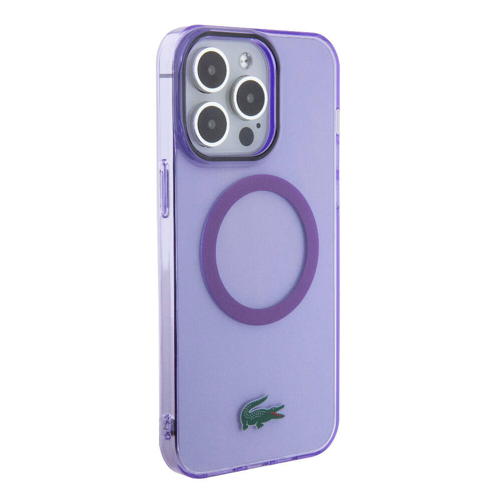 iPhone 15 Pro Max Kılıf Lacoste Orjinal Lisanslı Magsafe Şarj Özellikli İkonik Timsah Logolu Hard Parme Kılıf Mor