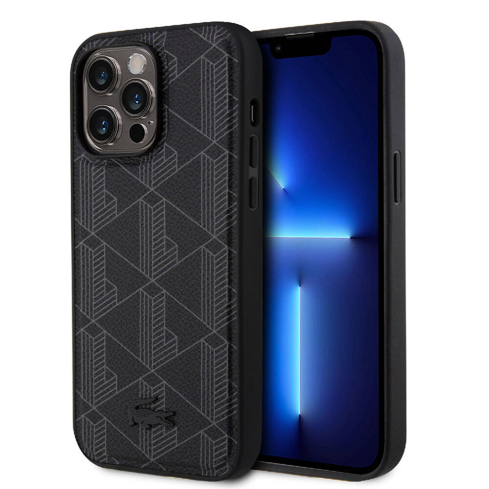 iPhone 15 Pro Max Kılıf Lacoste Orjinal Lisanslı Magsafe Şarj Özellikli PU Deri Görünümlü Karışık Monogram Desenli Kılıf Siyah