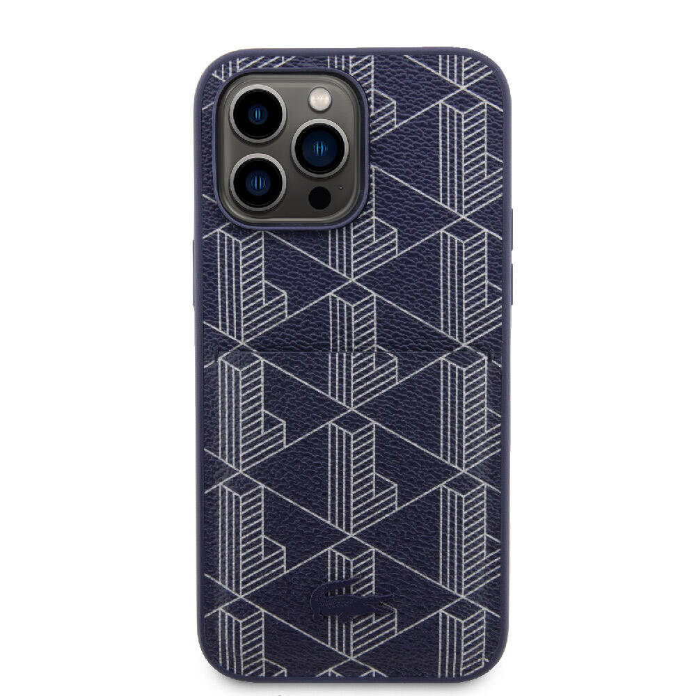 iPhone 15 Pro Max Kılıf Lacoste Orjinal Lisanslı Magsafe Şarj Özellikli PU Deri Görünümlü Kartlıklı Karışık Monogram Desenli Kılıf Siyah