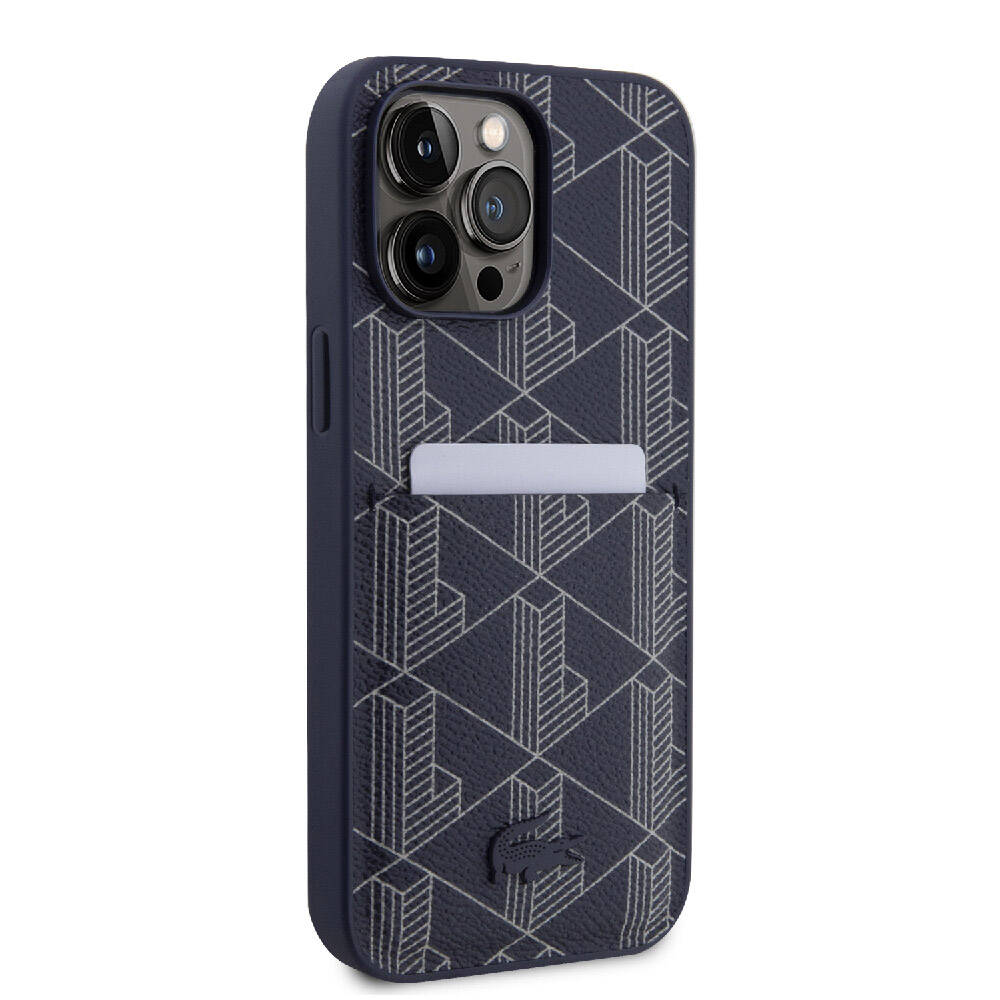 iPhone 15 Pro Max Kılıf Lacoste Orjinal Lisanslı Magsafe Şarj Özellikli PU Deri Görünümlü Kartlıklı Karışık Monogram Desenli Kılıf Lacivert