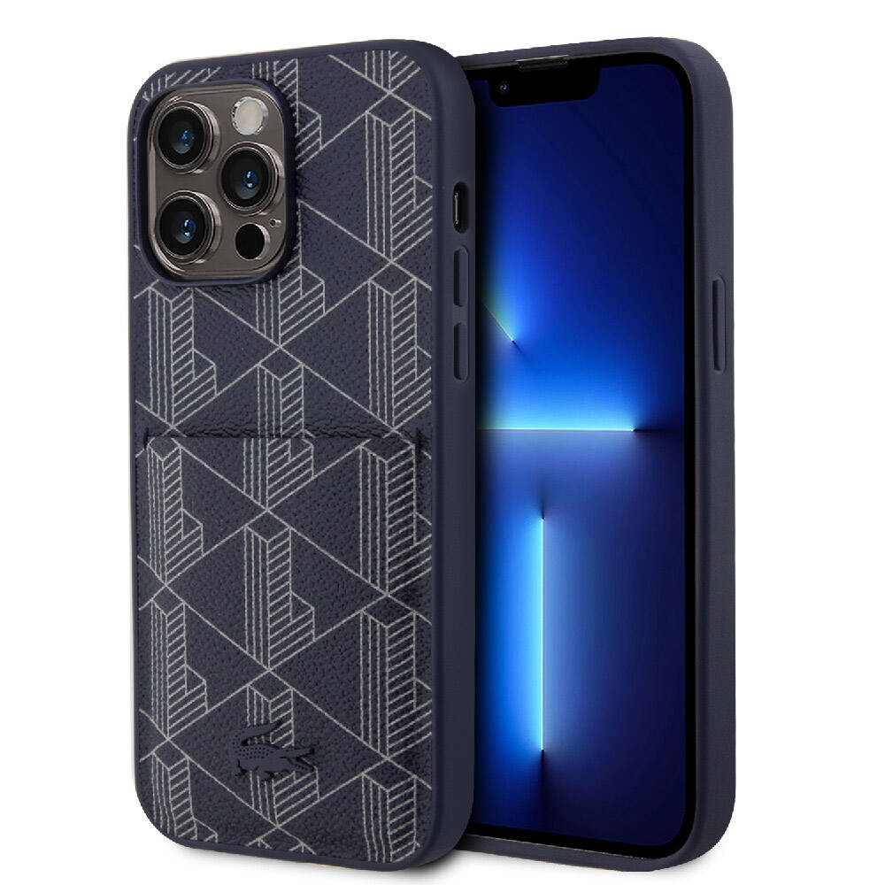 iPhone 15 Pro Max Kılıf Lacoste Orjinal Lisanslı Magsafe Şarj Özellikli PU Deri Görünümlü Kartlıklı Karışık Monogram Desenli Kılıf Lacivert