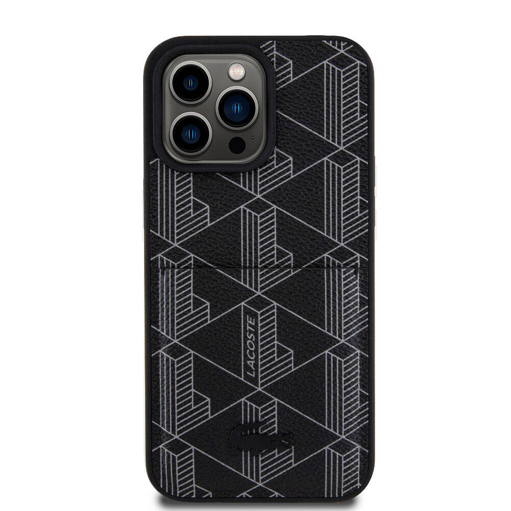 iPhone 15 Pro Max Kılıf Lacoste Orjinal Lisanslı Magsafe Şarj Özellikli PU Deri Görünümlü Kartlıklı Karışık Monogram Desenli Kılıf Siyah