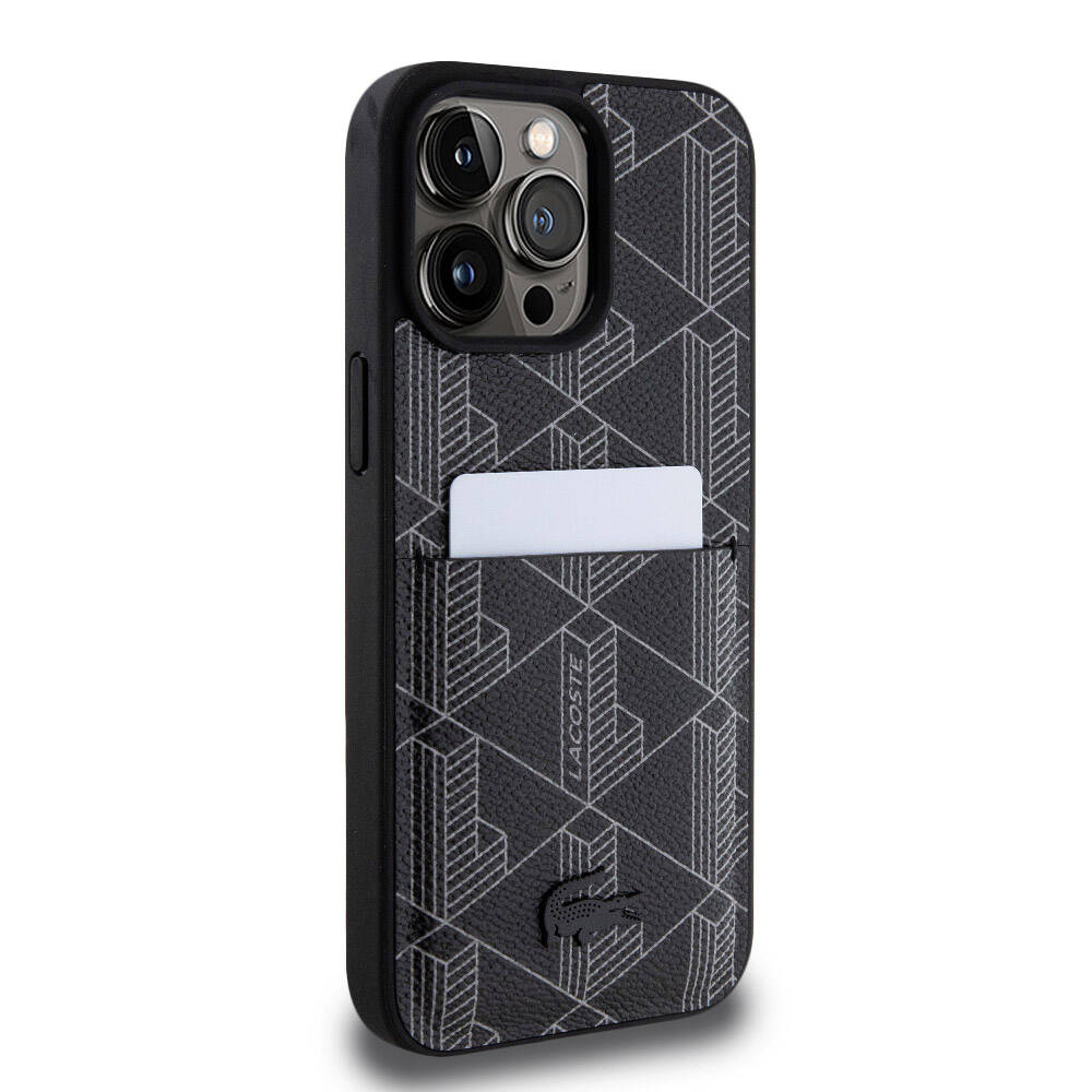 iPhone 15 Pro Max Kılıf Lacoste Orjinal Lisanslı Magsafe Şarj Özellikli PU Deri Görünümlü Kartlıklı Karışık Monogram Desenli Kılıf Lacivert