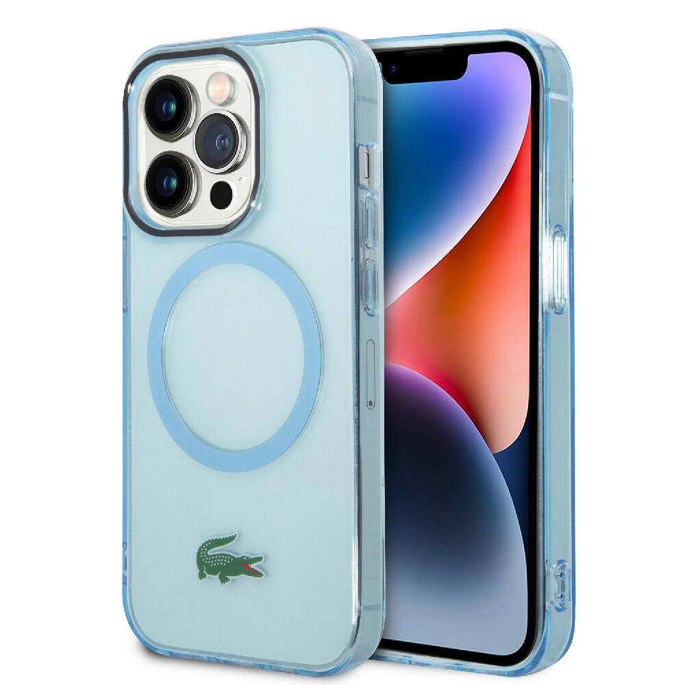 iPhone 15 Pro Max Kılıf Lacoste Orjinal Lisanslı Magsafe Şarj Özellikli Transparan Timsah Logo Baskılı Kılıf Mavi Açık