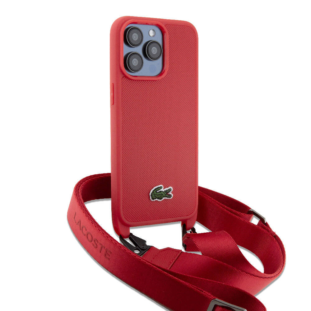 iPhone 15 Pro Max Kılıf Lacoste Orjinal Lisanslı PU Pike Desenli Arka Yüzey Askılı İkonik Timsah Dokuma Logolu Kılıf Kırmızı