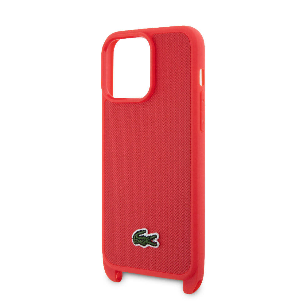 iPhone 15 Pro Max Kılıf Lacoste Orjinal Lisanslı PU Pike Desenli Arka Yüzey Askılı İkonik Timsah Dokuma Logolu Kılıf Siyah