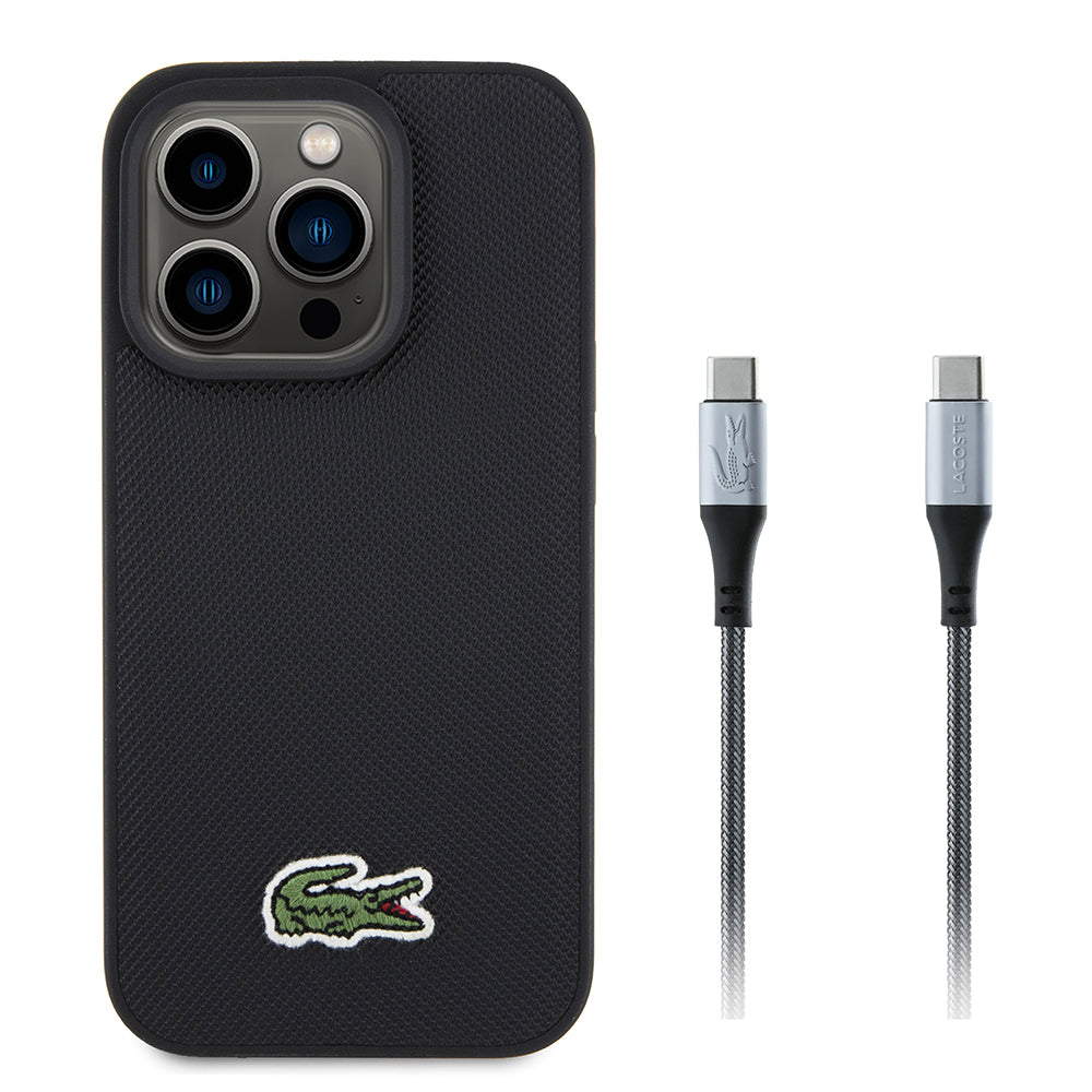 Apple iPhone 15 Pro Max Kılıf Lacoste Orjinal Lisanslı PU Pike Desenli Arka Yüzey İkonik Timsah Dokuma Logolu Kapak + Type-C Kablo 1.5m