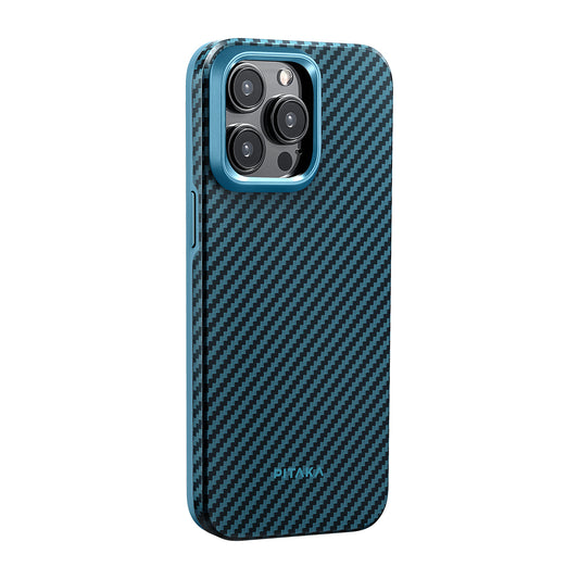 iPhone 15 Pro Max Kılıf Magsafe Şarj Özellikli 1500D Aramid Fiber Pitaka Military-Grade Classic Serisi Black-Grey Twill Kılıf Siyah-Mavi