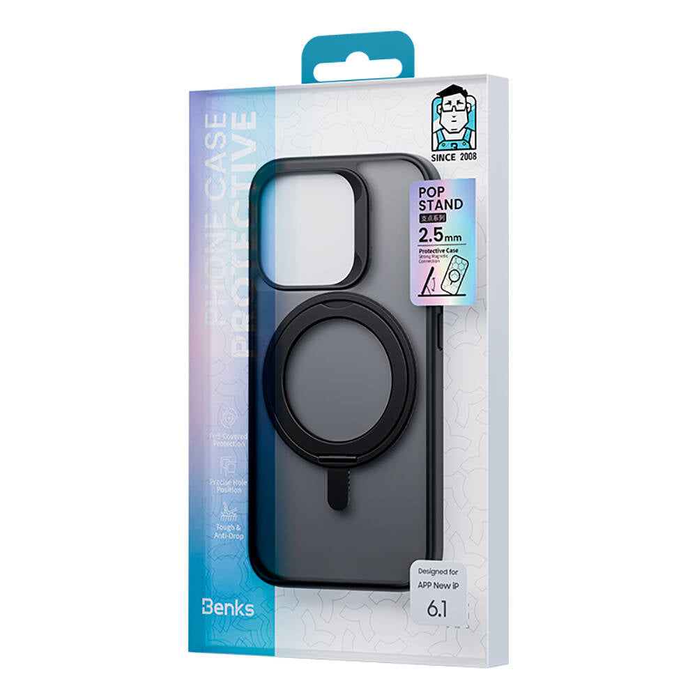 iPhone 15 Pro Max Kılıf Magsafe Şarj Özellikli 360° Dönebilen Benks Pop Stand Kılıf Siyah