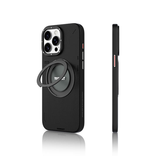 iPhone 15 Pro Max Kılıf Magsafe Şarj Özellikli 360° Standlı Basit Mat Deri Desenli Youngkit Tech Leather Serisi Kılıf Siyah