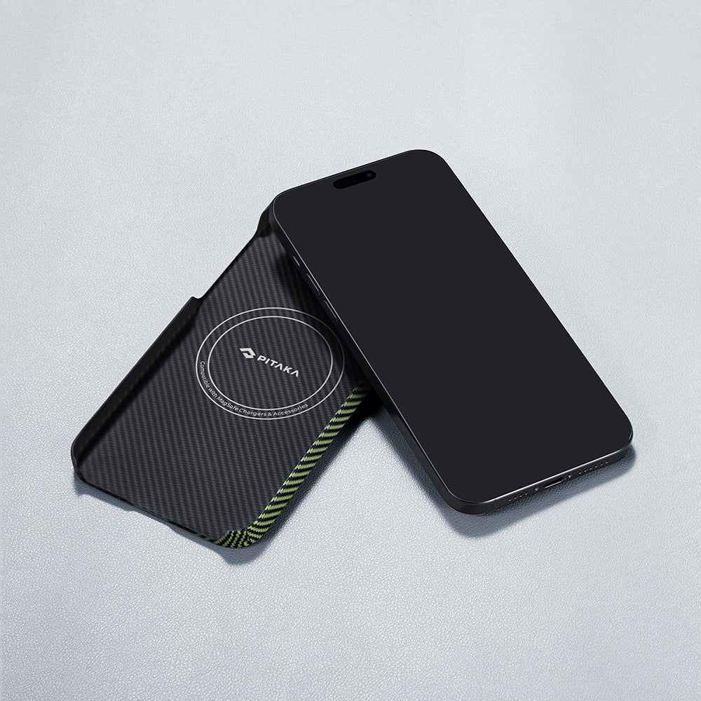 iPhone 15 Pro Max Kılıf Magsafe Şarj Özellikli 600D Aramid Fiber Pitaka Tactile Woven Orchestra Serisi Overture Kılıf Siyah-Yeşil