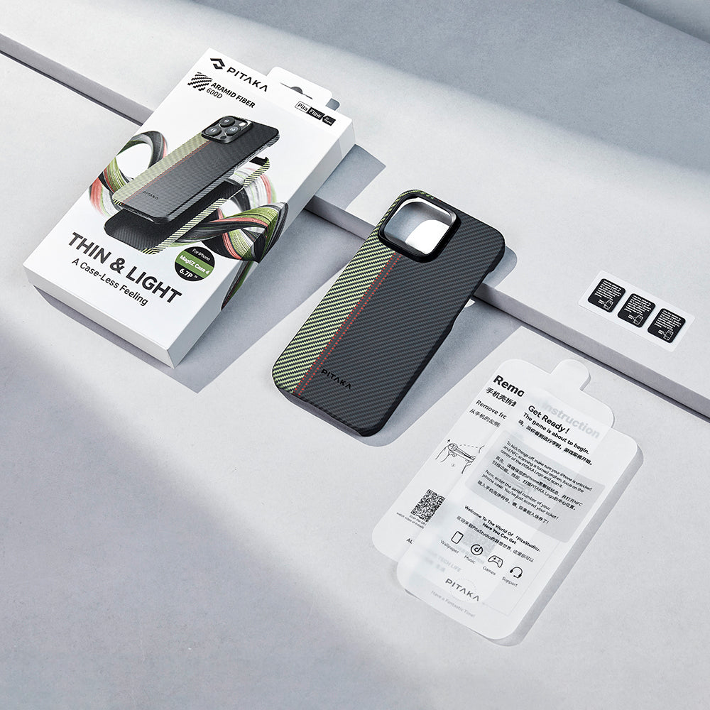 iPhone 15 Pro Max Kılıf Magsafe Şarj Özellikli 600D Aramid Fiber Pitaka Tactile Woven Orchestra Serisi Overture Kılıf Siyah-Yeşil