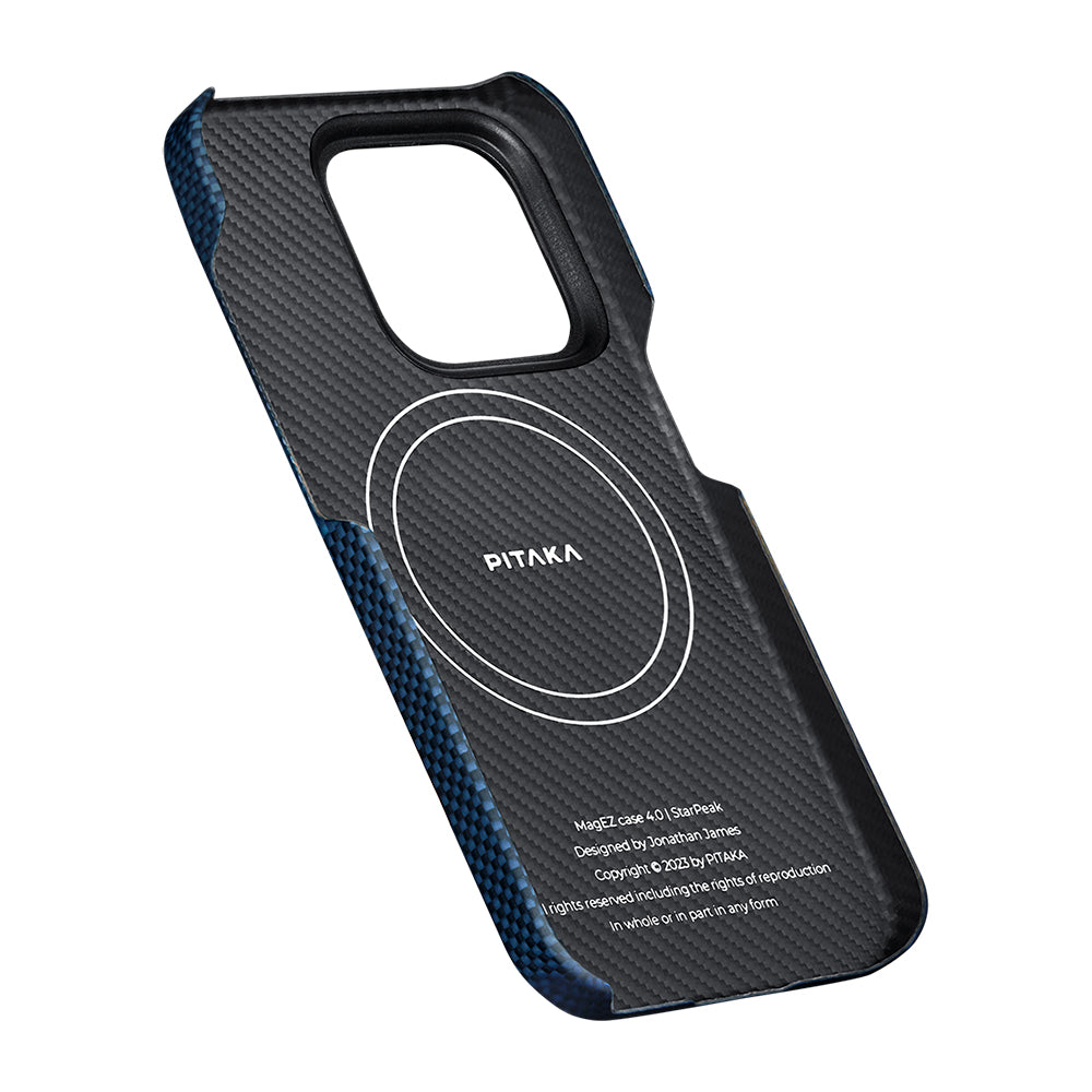 iPhone 15 Pro Max Kılıf Magsafe Şarj Özellikli Aramid Fiber Pitaka Tactile Woven Starpeak Serisi Over The Horizon Kılıf Mavi