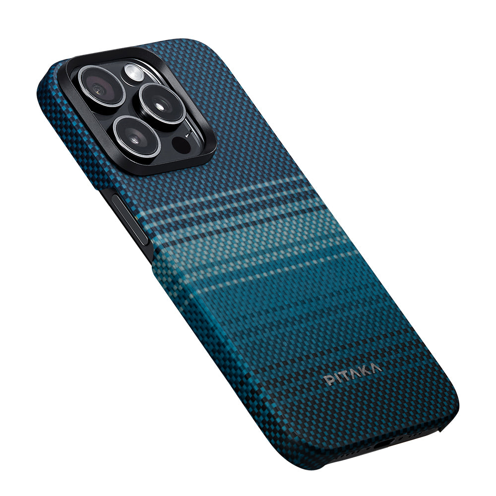 iPhone 15 Pro Max Kılıf Magsafe Şarj Özellikli Aramid Fiber Pitaka Tactile Woven Sunset-Moonrise Serisi Moonrise Kılıf Mavi