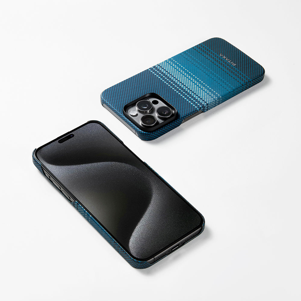 iPhone 15 Pro Max Kılıf Magsafe Şarj Özellikli Aramid Fiber Pitaka Tactile Woven Sunset-Moonrise Serisi Moonrise Kılıf Mavi