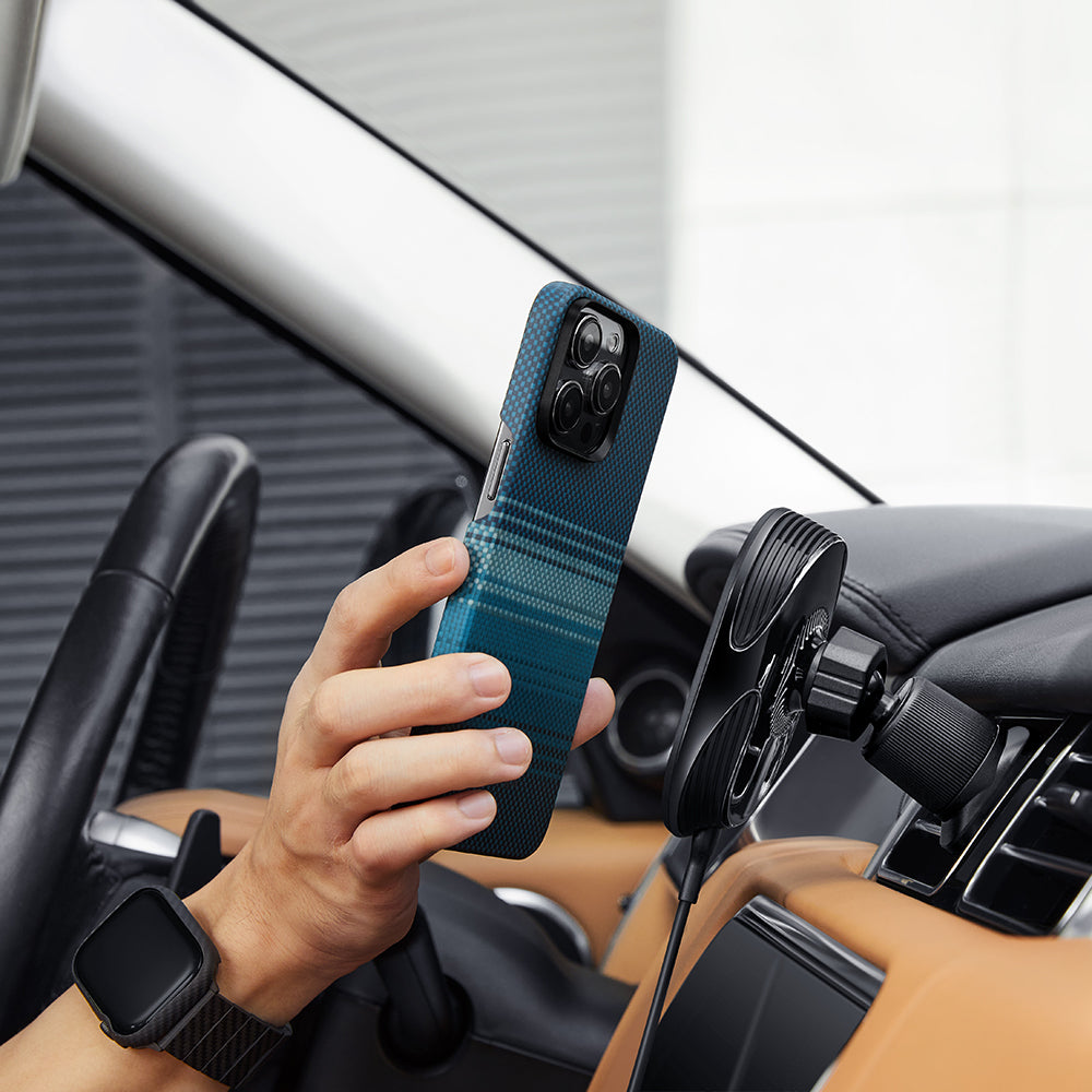 iPhone 15 Pro Max Kılıf Magsafe Şarj Özellikli Aramid Fiber Pitaka Tactile Woven Sunset-Moonrise Serisi Moonrise Kılıf Mavi