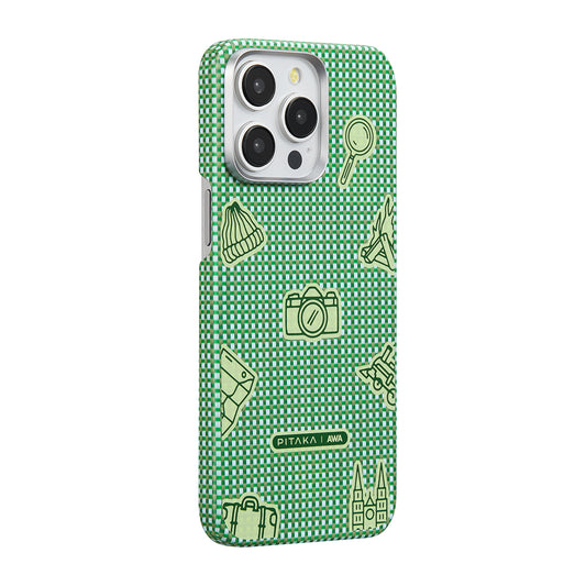 iPhone 15 Pro Max Kılıf Magsafe Şarj Özellikli Awa Tasarımlı 1500D Aramid Fiber Pitaka Ultra-Slim Classic Serisi Forest Kılıf Yeşil