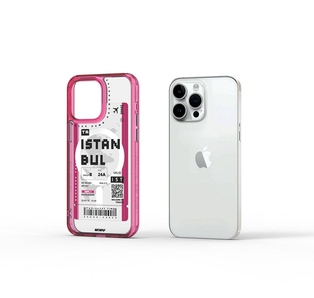 iPhone 15 Pro Max Kılıf Magsafe Şarj Özellikli Bilet Desenli Wiwu Turkey B Serisi Kılıf Pembe