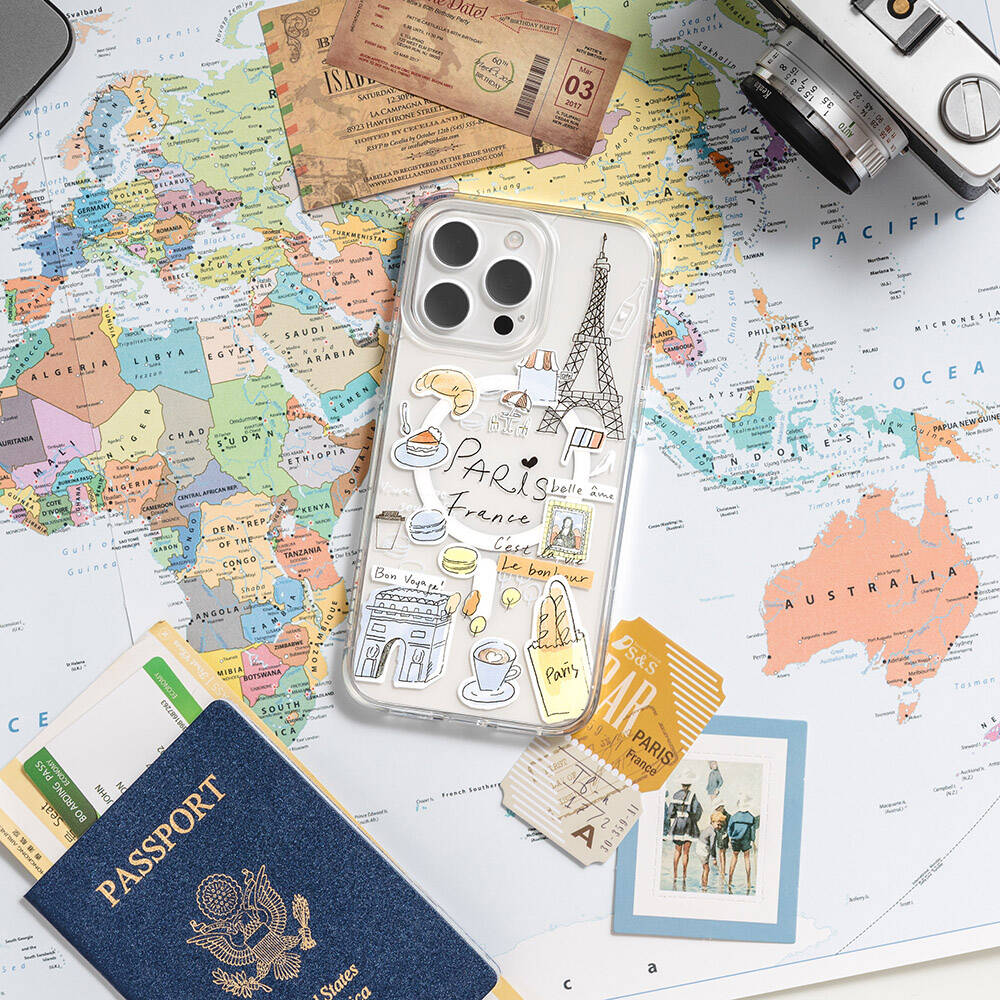 iPhone 15 Pro Max Kılıf Magsafe Şarj Özellikli Çizim Desenli Şok Önleyicili Şeffaf Lisanslı Switcheasy City-M Paris Kılıf Renksiz