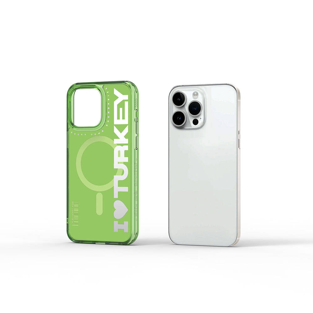 iPhone 15 Pro Max Kılıf Magsafe Şarj Özellikli I Love Turkey Yazı Desenli Wiwu Turkey E Serisi Kılıf Yeşil