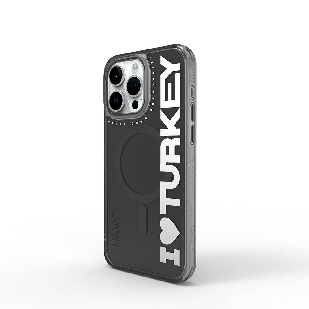 iPhone 15 Pro Max Kılıf Magsafe Şarj Özellikli I Love Turkey Yazı Desenli Wiwu Turkey E Serisi Kılıf Turuncu