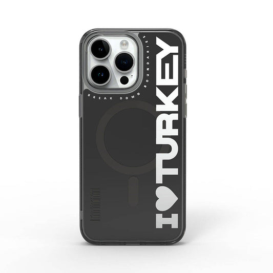 iPhone 15 Pro Max Kılıf Magsafe Şarj Özellikli I Love Turkey Yazı Desenli Wiwu Turkey E Serisi Kılıf Siyah
