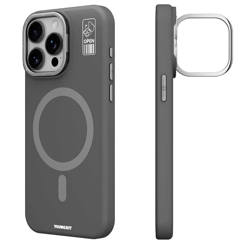 iPhone 15 Pro Max Kılıf Magsafe Şarj Özellikli Kamera Standlı Youngkit Bitty Cream Kılıf Gri