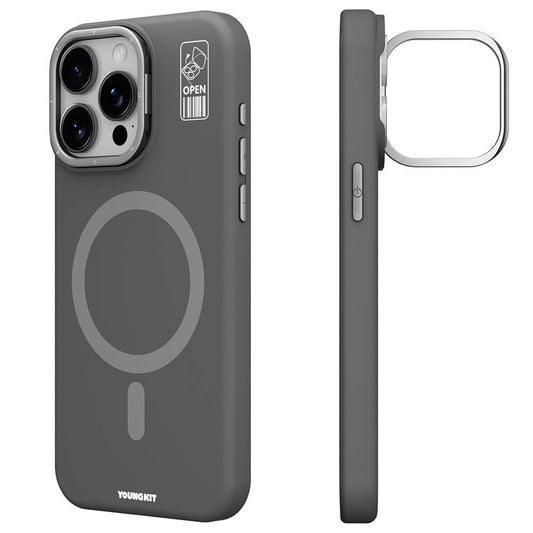 iPhone 15 Pro Max Kılıf Magsafe Şarj Özellikli Kamera Standlı Youngkit Bitty Cream Kılıf Gri