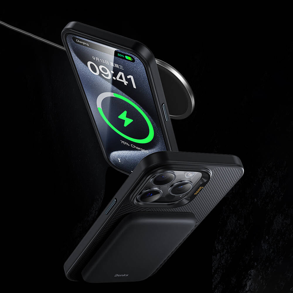 iPhone 15 Pro Max Kılıf Magsafe Şarj Özellikli Karbon Fiber Benks Montage Hybrid ArmorPro Kevlar Kılıf Siyah