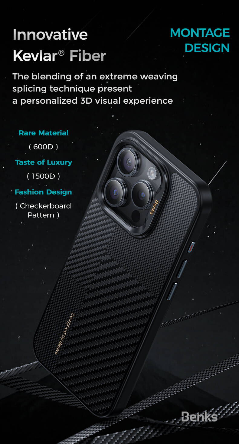 iPhone 15 Pro Max Kılıf Magsafe Şarj Özellikli Karbon Fiber Benks Montage Hybrid ArmorPro Kevlar Kılıf Siyah